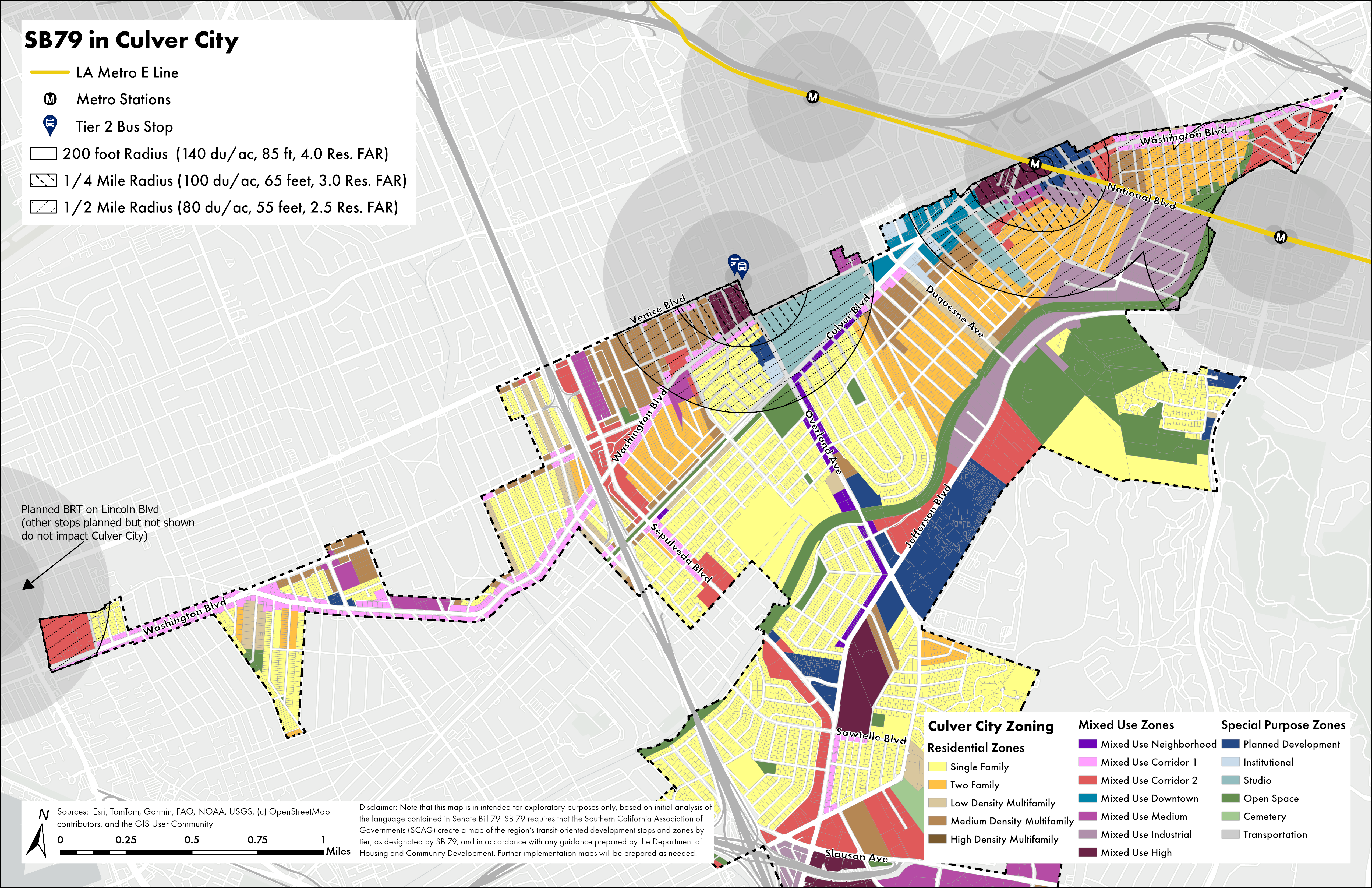Citywide map of SB 79 station areas with half-mile radii at La Cienega/Jefferson station, Culver City station, Venice/Overland bus stop, and a planned Bus Rapid Transit stop at Venice/Lincoln