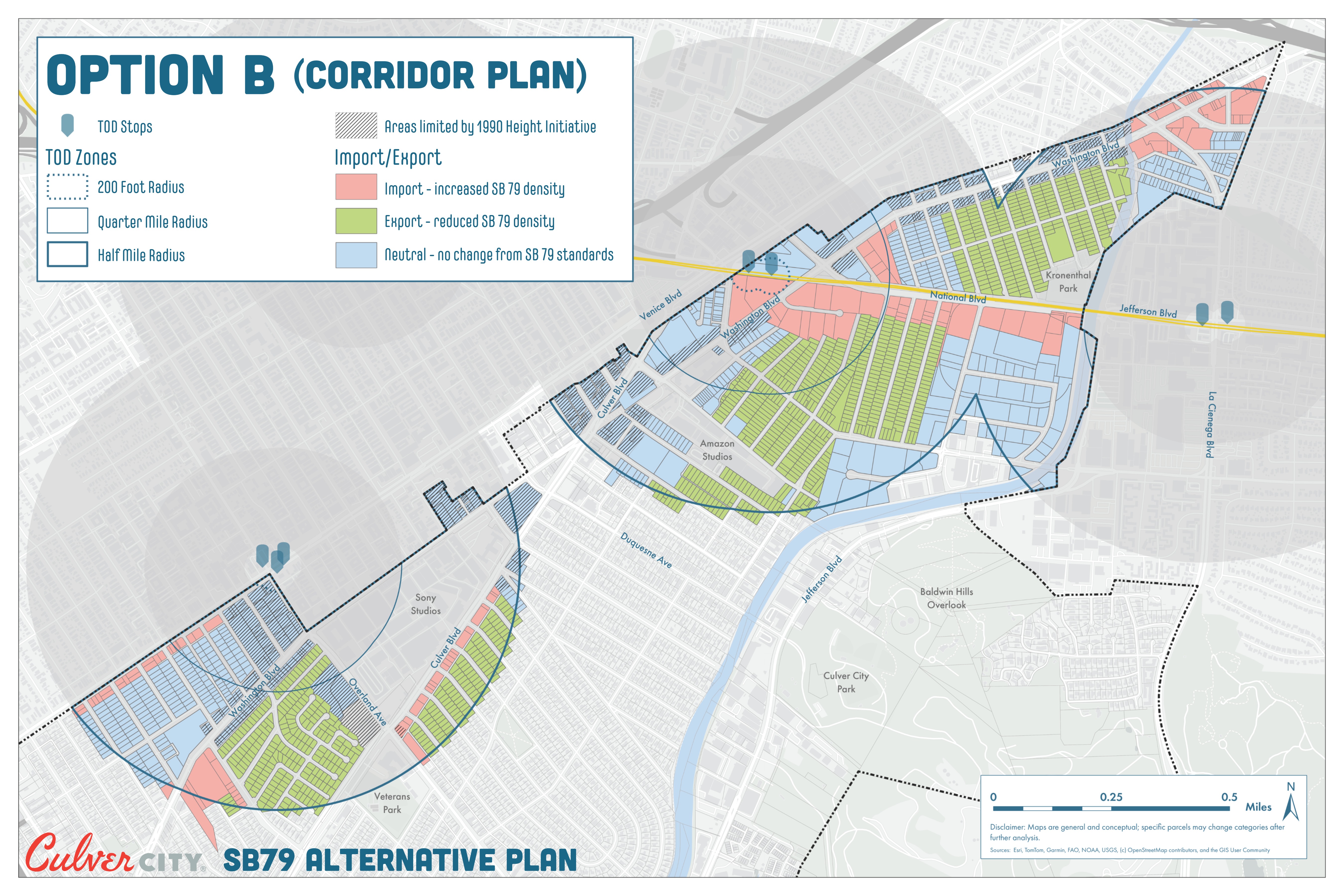 Option B, the Corridors Plan, concentrates the additional units along the City's commercial corridors.