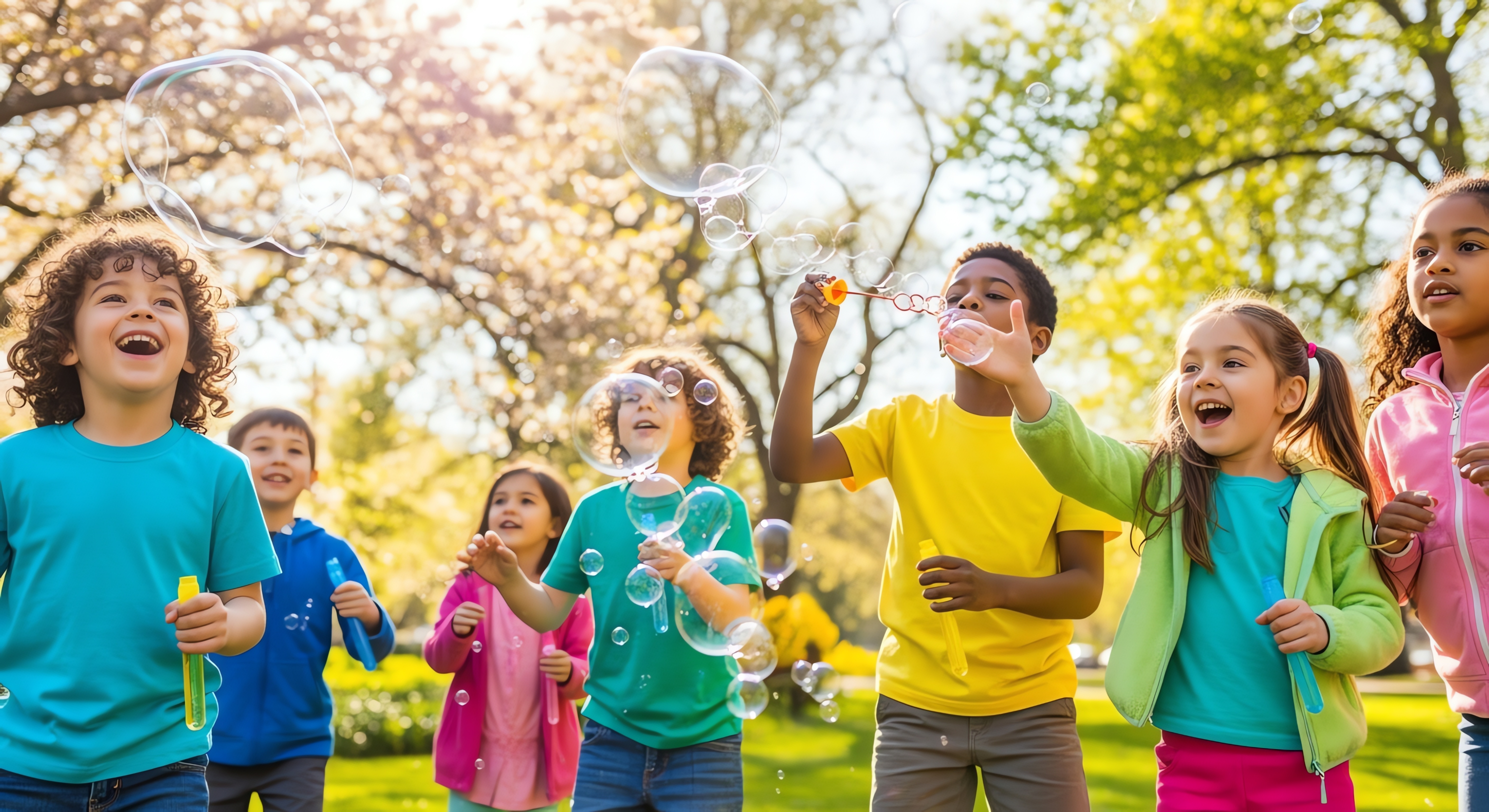 Kids smiling, blowing and popping bubbles in a tree filled field.