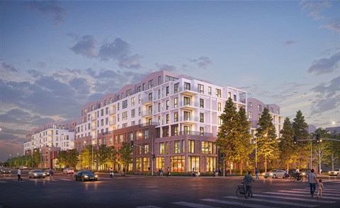 7 story apartment building on a corner lot