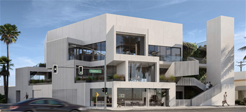 rendering of a three story white building