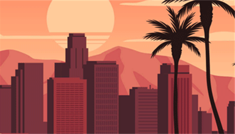 Graphic landscape of skyscrapers with palm trees in the foreground and with mountains and the sun in the background