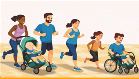 Various people running including a child in a stroller and a man in a wheelchair.