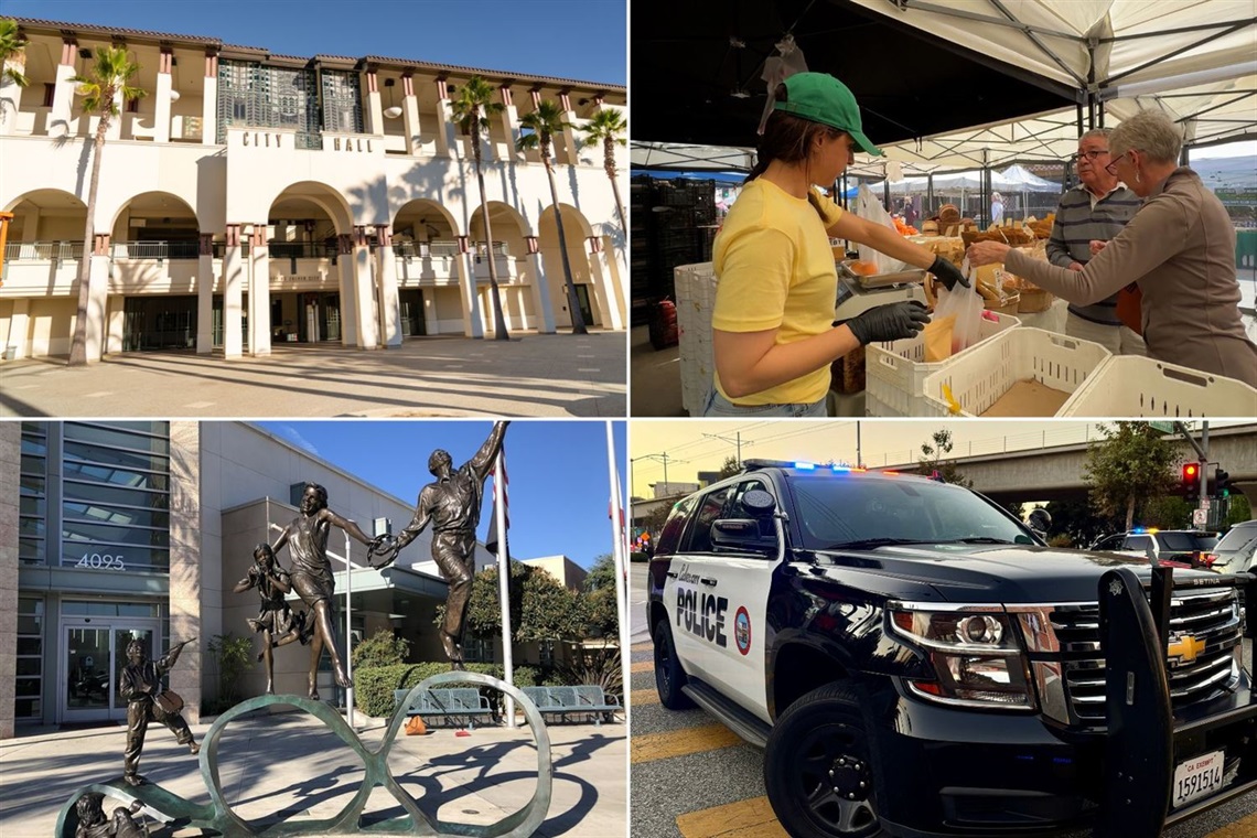 Four photos showing Culver City City hall, farmers market, city bus, and police