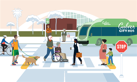 Graphic image of people engaged in multiple forms of mobility and transportation methods