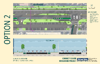 Design option 2A proposed for bicycle improvements along Culver Blvd between Elenda St and Dusquene Ave presented at Mobility Subcommittee meeting 2024-10-16
