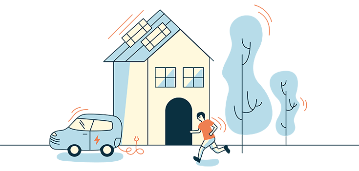 Graphic image of man and electric vehicle plugged into house.