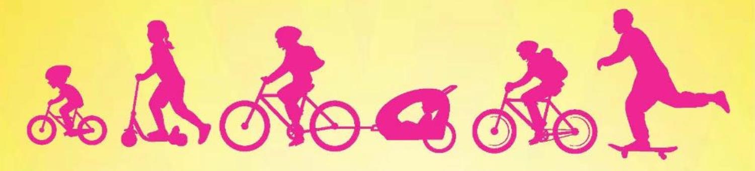 Shadow images of five people on three bikes, a scooter, and a skateboard