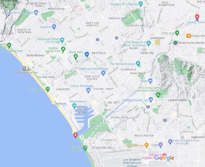 Google map of Ballona Creek from ocean to Venice Blvd