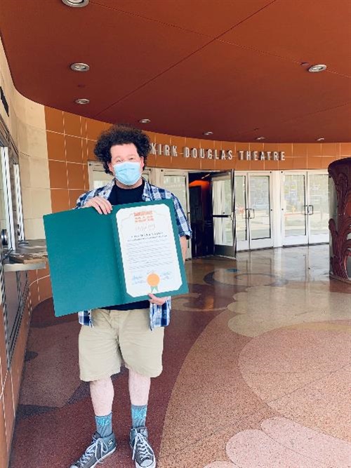 2019-2020 Sustainable Business Certificate presented to Max Oken from the Kirk Douglas Theatre