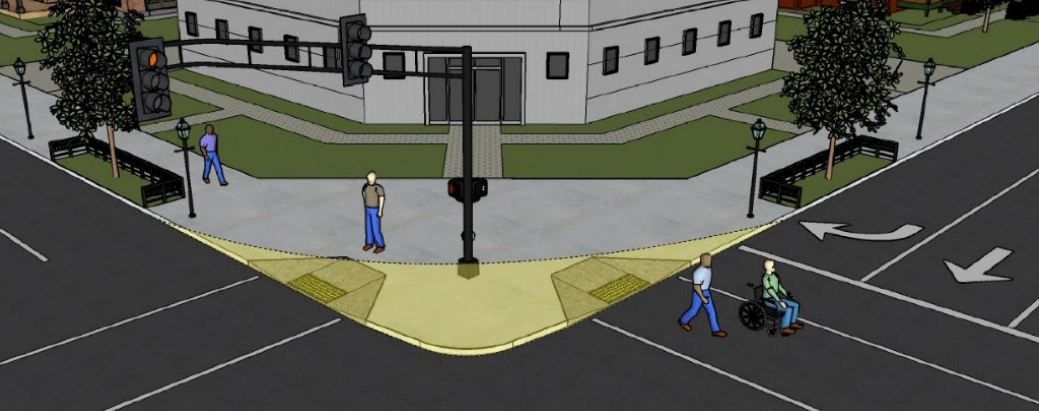 Diagram depicting a street corner with a reduced radius, showing how the turn becomes tighter.