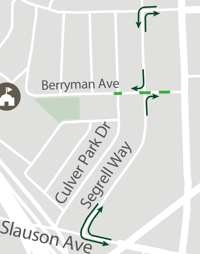 A map showing diverters on Berryman Ave at Culver Park Dr, Segrell Way, and the alley. Arrows show that cars entering or leaving Segrell would do so via Sawtelle or Slauson instead of Berryman.