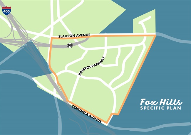 A map showing the boundaries of the Fox Hills Specific Plan, between Slauson Avenue, Sepulveda Boulevard, Centinela Avenue and the southeastern City boundary.