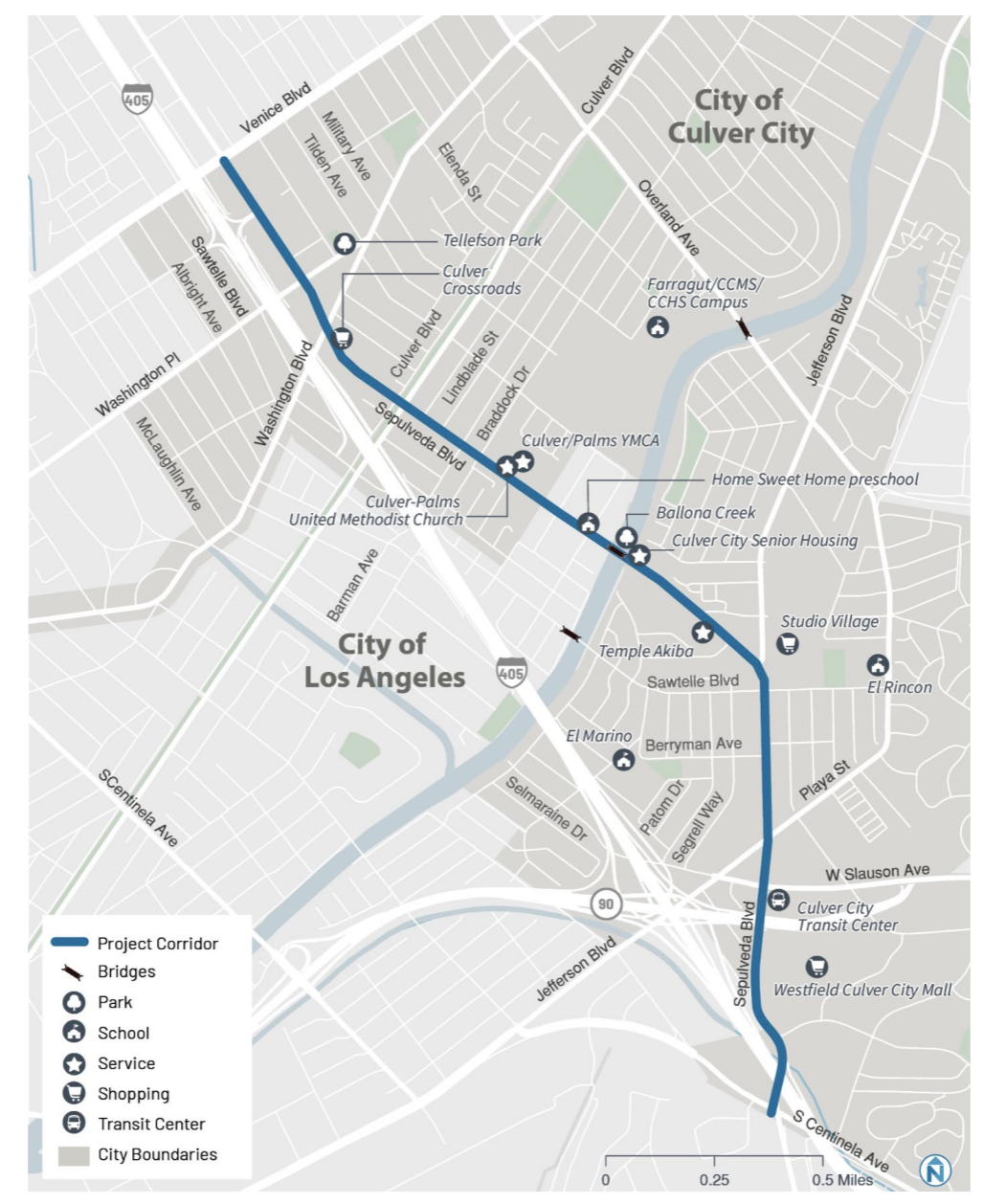 Map of the Sepulveda corridor showing the project extent on Sepulveda Blvd between Venice Blvd and Centinela Ave. 
